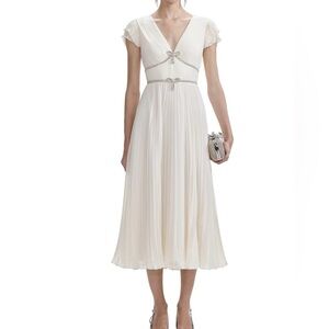 Self-Portrait Cream Pleated Midi Dress